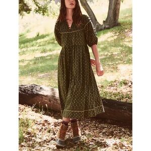 THE GREAT. Midi Floral Green The Sterling Puff-Sleeve Dress